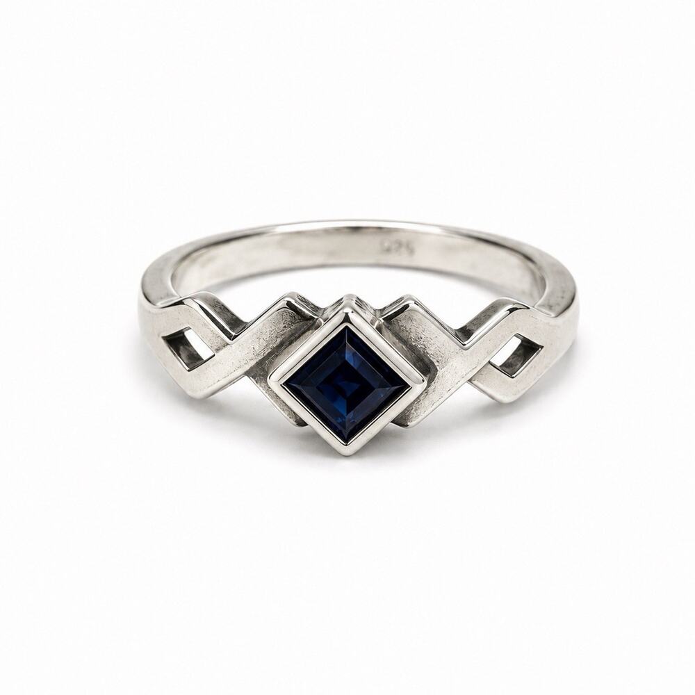 Azure Deco Geometric band 925 Sterling Silver Sapphire Ring Size 6.5